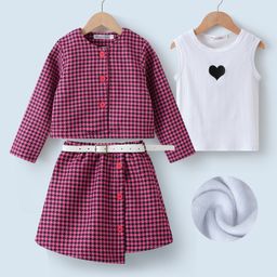 Kookie Kids Full Sleeves Checkered Top & Skirt With Heart Printed Vest - Maroon-image-55