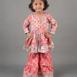 aatya kiids AATYA by Shruti Agarwal Cotton Three Fourth Sleeves Floral Printed & Lace Embellished Kurta With Sharara - Pink-picture-36
