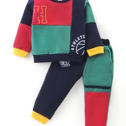 ToffyHouse 100% Cotton Knit Full Sleeves Color Block T-Shirt & Lounge Pants Set With Text Print - Blue Red & Green-image-47