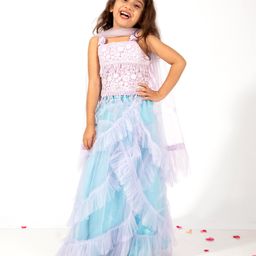 Elaisha Sleeveless Floral Lace Embelished Choli & Ruffled Layered Lehenga With Net Dupatta Set - Mauve & Pastle Green-image-14