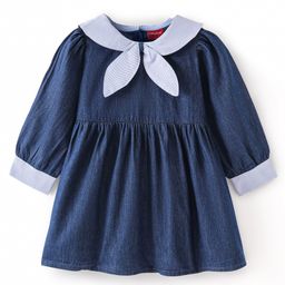 Babyhug Cotton Knit Full Sleeves Solid Colour Sailor Neck Frock With Collar  Detailing - Blue-image-77