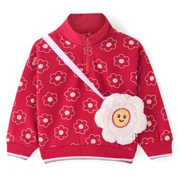 Babyhug Cotton Knit Full Sleeves High Neck Sweatshirt with Sling Bag & Floral Print - Red-image-98