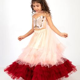 Elaisha  Sleeveless Butterfly Detailed  Top With Gradient Tiered Net Skirt Set - Peach & Maroon-image-65