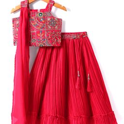 Babyhug Chiffon Woven SleevelessLehenga Choli with Dupatta Set Floral Embroidery - Dark Pink-image-5