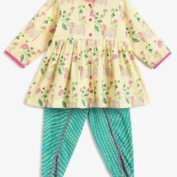 Campana 100% Cotton Full Sleeves Cows & Lotus Printed Kurta With Dhoti Pant Set - Off White & Green-image-45