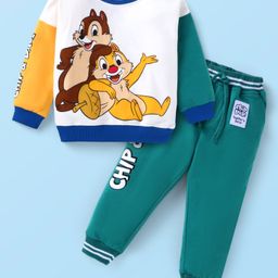 Babyhug Disney Terry Knit Full Sleeves Sweatshirt & Lounge Pant Set With Chip N Dale Graphics - White & Teal Blue-image-56