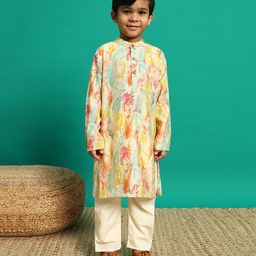 READIPRINT Full Sleeves Leaves Printed Kurta With Pyjama Set - Cream-picture-11