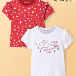 Babyoye Cotton Knit With Eco- Jiva Finish Half Sleeves Tops With Frill Detailing & Floral Print - Red & White-picture-14
