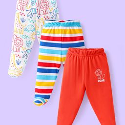 Babyhug Cotton Knit Full Length Bottie Leggings with Strips & Animal Print Pack of 3 - Red White & Light Blue-image-109