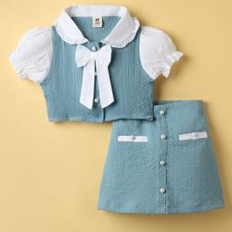 ToffyHouse Cotton Woven Half Puffed Sleeves Solid Color Top & Skirt with Bow Applique - Teal Blue-image-28