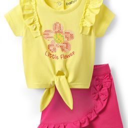 Babyoye Cotton Lycra Knit Half Sleeves Top & Skort Set With Floral Print - Light Yellow-image-94