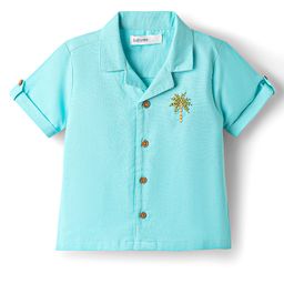 Babyoye Cotton Linen Woven Half Sleeves Shirt With Tree Embroidery - Light Blue-image-16