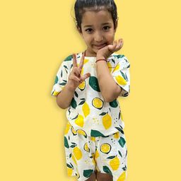 Orange Sugar 100% Cotton Knit Half Sleeves Lemon Printed Tee & Coordinating Shorts Set - White-image-91