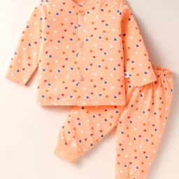 BUMZEE Cotton Knit Full Sleeves Co-Ords Night Suit with Heart Print - Peach-image-80