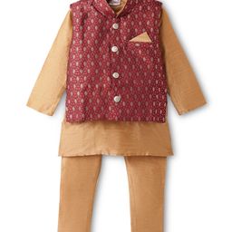 Ridokidz Full Sleeves Solid Kurta Pyjama With Abstract Embroidered Jacket - Maroon & Khaki-image-10
