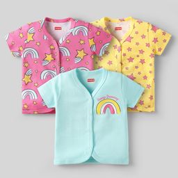 Babyhug 100% Cotton Interlock Knit Front Open Half Sleeves Vests With Star & Rainbow Print Pack Of 3 - Pink Light Blue & Yellow-picture-3