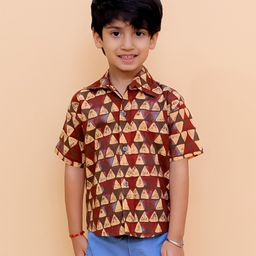 The Mom Store Cotton Knit Half Sleeves Geometric Printed Shirt - Multi Colour-image-75