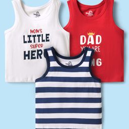 Doodle Poodle 100% Cotton Single Jersey Knit Vests With Stripes & Text Print Pack Of 3 - Red White & Navy Blue-image-31