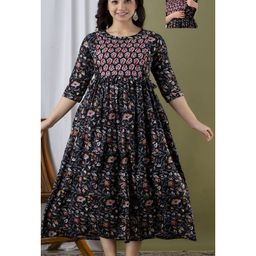 NEVISHA STYLE Cotton Woven Three Fourth Sleeves Floral Printed Maternity Kurta With Side Zipper Nursing Access - Blue-image-95