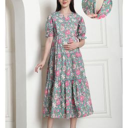 Secret Wish Cotton Woven Half Peasant Sleeves Floral Printed Tiered Maternity Dress With Side Seam Nursing Access - Green-picture-26