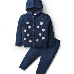 Babyhug Knit Full Sleeves Front Open Hooded Sweater Set With Floral Embroidery - Navy Blue-image-97