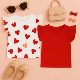 Luke and Lilly Cotton Knit Pack Of 2 Half Frill Sleeves Solid & Hearts Printed Tops - White & Red-picture-0