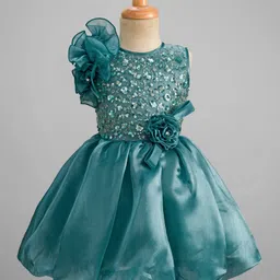 Enfance Sleeveless Floral Applique Detailed Sequins Embellished Knee Length Dress - Teal-picture-48