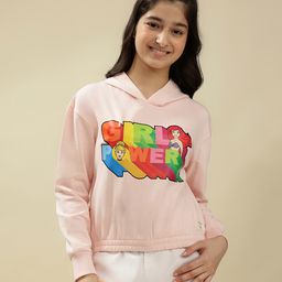 Lil Tomatoes Cotton Fleece Knit Full Sleeves Disney Featuring Princesses & Girl Power Text Printed Hooded Sweatshirt - Pink-picture-12