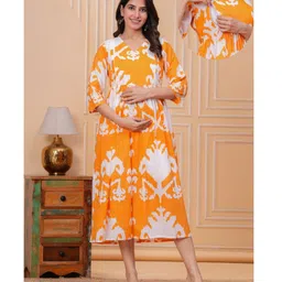 CeleBravo Cotton Woven Three Fourth Sleeves Abstract Printed Maternity Dress With Side Zipper Nursing Access - Orange-picture-46