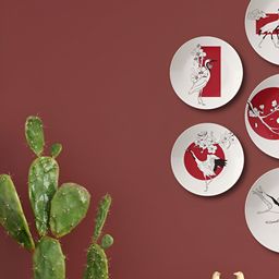 THE QUIRKY HOME 5 Pieces White & Maroon Elegant Heron Medallions Ceramic Wall Plates-46