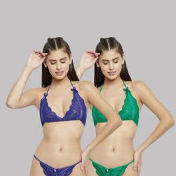 AROUSY Blue & Green Self Pattern Bra Panty Set - Pack Of 2-image-93