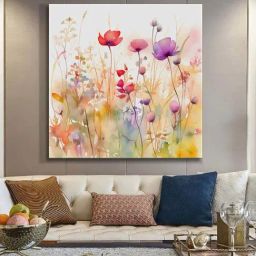 999Store Multicolor Canvas Whimsical Watercolor Wildflower Meadow Art Print-50