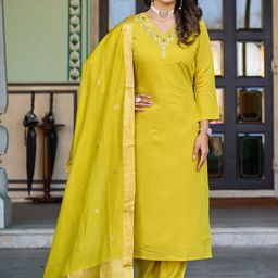 KALINI Women Floral Embroidered Regular Thread Work Raw Silk Kurta with Trousers & With Dupatta-picture-28