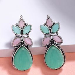 NVR Women Green & Pink Artificial Stones Silver Plated Drop Earrings-image-10