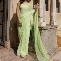 Geroo Jaipur Green Chiffon Hand Embroidered Gota Saree-image-51