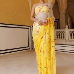 Geroo Jaipur Yellow-White Shaded Hand Painted Floral Chiffon Saree with Blouse-picture-7