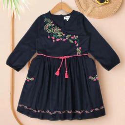 Bella Moda Girls Dark Blue Cotton Three Fourth Sleeves Floral Embroidered Dress-image-67