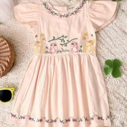 Bella Moda Girls Peach Cotton Cap Sleeves Floral Embroidered Dress-picture-46