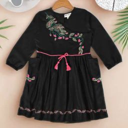 Bella Moda Girls Black Cotton Three Fourth Sleeves Floral Embroidered Dress-image-53