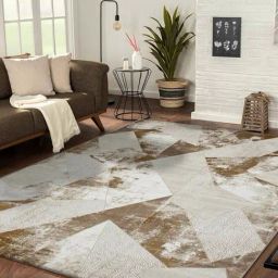 OBSESSIONS Beige Gold Abstract Machine Made Carpet - Large (290 cm x 200 cm)-1