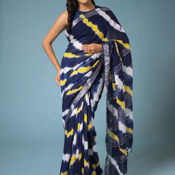 Zari Jaipur Blue Linen Printed Saree With Unstitched Blouse-picture-9