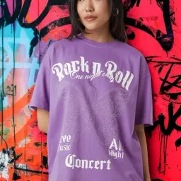Bewakoof Women's Purple Rock N Roll Graphic Printed Oversized T-Shirt-picture-16