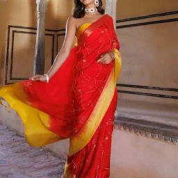 Geroo Jaipur Yellow-Red Shaded Silk Banarasi Hand Embroidered Saree-image-33