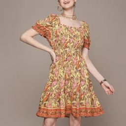 Label Ritu Kumar Yellow Rayon Botanic Print Fit & Flare Short Dress-image-86