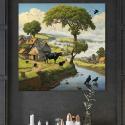 999Store Multicolor Canvas A Peaceful Village Scene By A River Painting-6