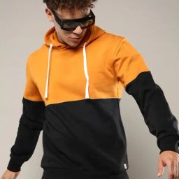 Campus Sutra Black & Yellow Regular Fit Colour Block Hooded Sweatshirt-6