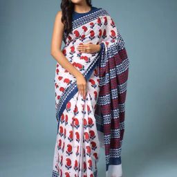 Zari Jaipur White & Blue Cotton Printed Saree With Unstitched Blouse-image-54