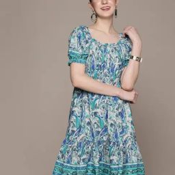 Label Ritu Kumar Blue Rayon Botanic Print Fit & Flare Short Dress-image-91