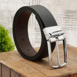 Louis Stitch Black Textured Leather Reversible Belt for Men-image-93