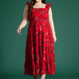 DressBerry Curve Plus Size Floral Print Flutter Sleeves Georgette Fit & Flare Midi Dress-picture-14